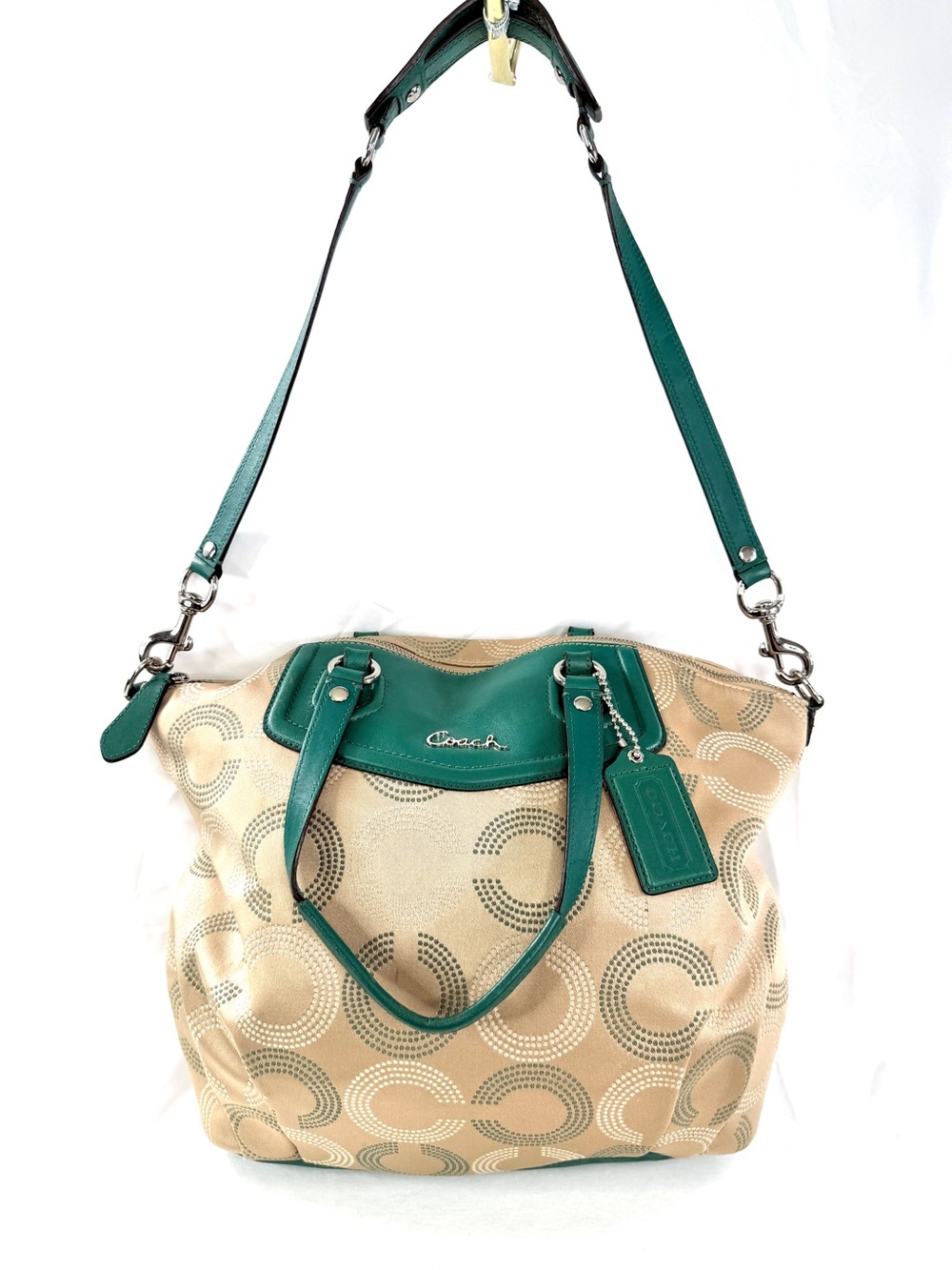 Coach F25183 Ashley Khaki Aegean Dotted OP Art North South Shoulder Bag Pleated